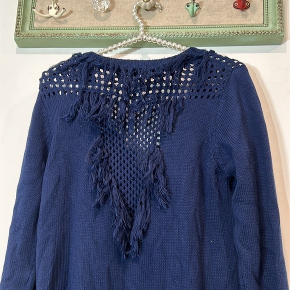 NWT CHASER Navy Blue Fringe Crochet Cable Knit Boho button front Sweater Medium - Picture 5 of 6